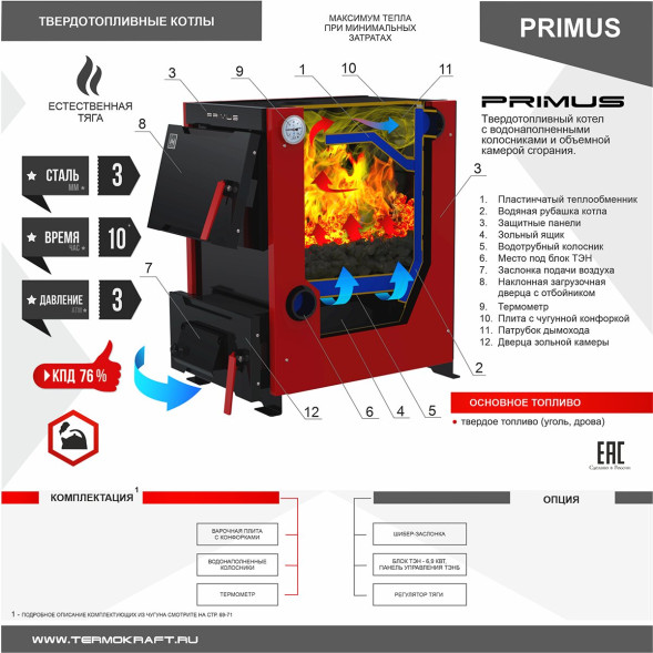 Котел твердотопливный PRIMUS 26 с плитой